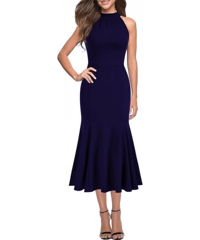 Womens Sleeveless Halter Neck Bodycon Mermaid Cocktail Party Midi Dresses Navy Blue $22.95 Dresses