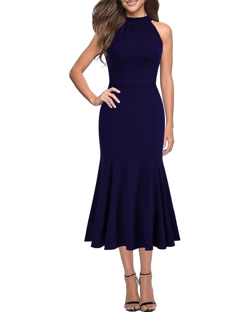 Womens Sleeveless Halter Neck Bodycon Mermaid Cocktail Party Midi Dresses Navy Blue $22.95 Dresses