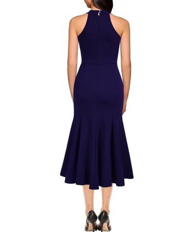 Womens Sleeveless Halter Neck Bodycon Mermaid Cocktail Party Midi Dresses Navy Blue $22.95 Dresses