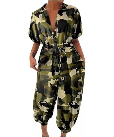 Women Summer Elegant Polka Dot Jumpsuits Sexy V Neck Short Sleeve Button Down Belted Romper with Pockets Green $8.82 Jumpsuits