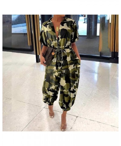 Women Summer Elegant Polka Dot Jumpsuits Sexy V Neck Short Sleeve Button Down Belted Romper with Pockets Green $8.82 Jumpsuits