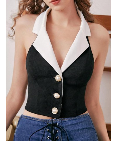 Women's Colorblock Sleeveless Turndown V Neck Collar Button Front Backless Slim Fit Crop Halter Top Tank Top Cropper Black $1...