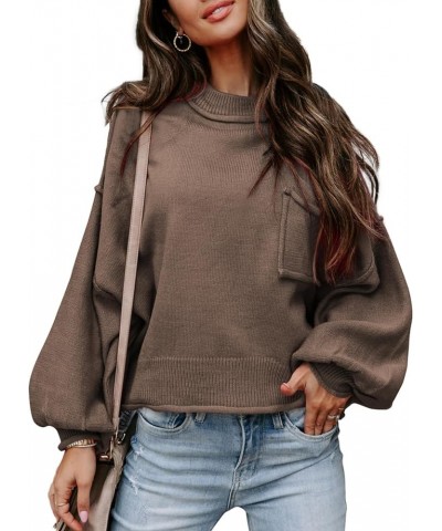 Women's 2023 Lantern Long Sleeve Crewneck Sweater Casual Solid Color Ribbed Hem Knitwear Pullover Cropped Tops Brown $21.62 S...