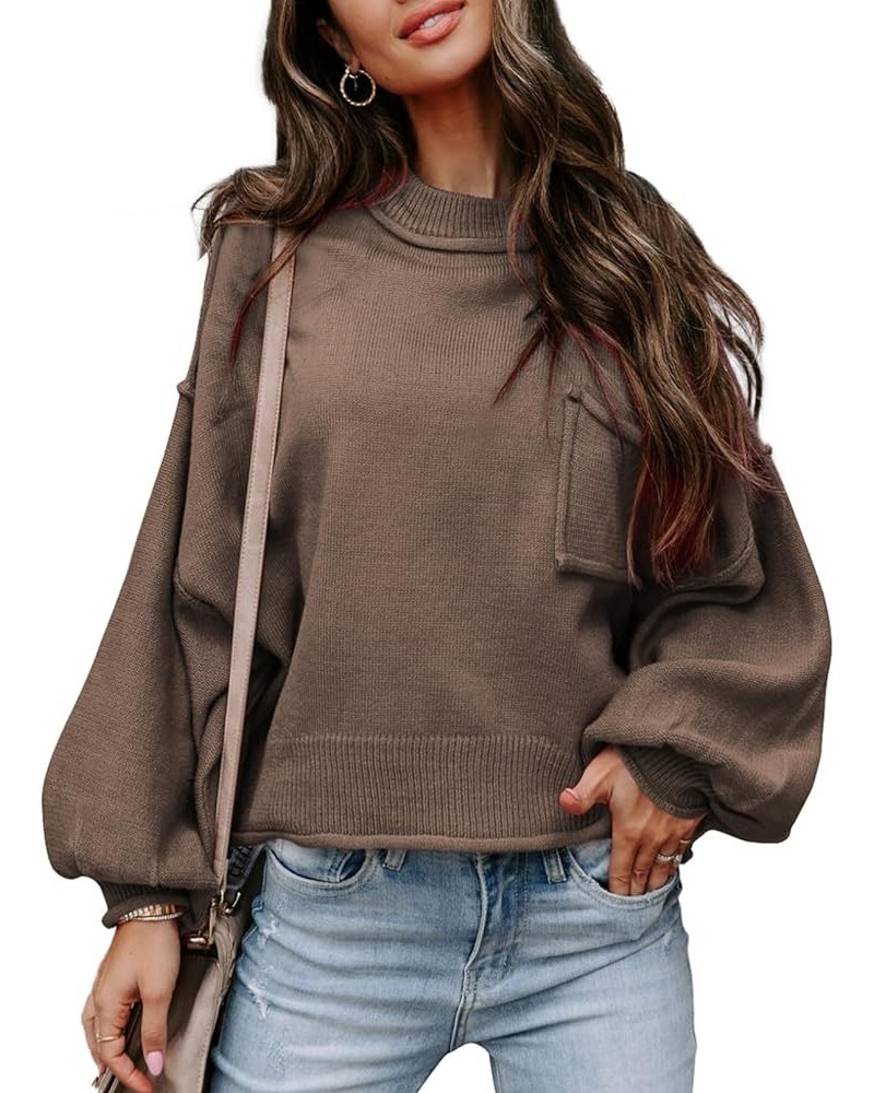 Women's 2023 Lantern Long Sleeve Crewneck Sweater Casual Solid Color Ribbed Hem Knitwear Pullover Cropped Tops Brown $21.62 S...