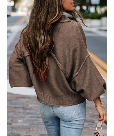 Women's 2023 Lantern Long Sleeve Crewneck Sweater Casual Solid Color Ribbed Hem Knitwear Pullover Cropped Tops Brown $21.62 S...