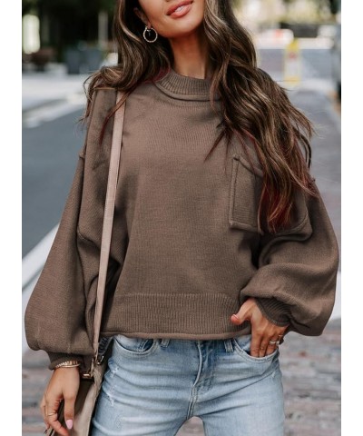 Women's 2023 Lantern Long Sleeve Crewneck Sweater Casual Solid Color Ribbed Hem Knitwear Pullover Cropped Tops Brown $21.62 S...