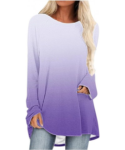 Women Casual Long Sleeve Shirts 2024 Spring Fashion Dressy Long Sleeve Tunic Tops Loose Crewneck Gradient/Solid Blouse D-purp...