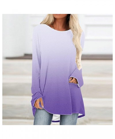 Women Casual Long Sleeve Shirts 2024 Spring Fashion Dressy Long Sleeve Tunic Tops Loose Crewneck Gradient/Solid Blouse D-purp...