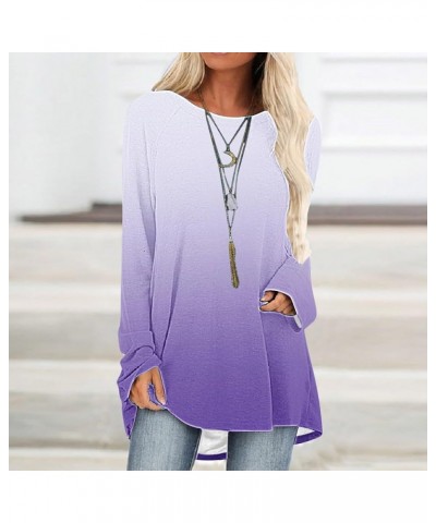 Women Casual Long Sleeve Shirts 2024 Spring Fashion Dressy Long Sleeve Tunic Tops Loose Crewneck Gradient/Solid Blouse D-purp...