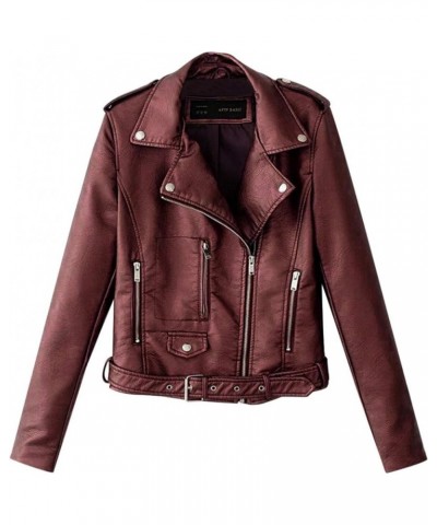 Women's Faux Leather Moto Biker Short Jacket Vintage Zip Up Pu Motorcycle Slim Fit Lightweight Cropped Coat Outerwear I-wine ...