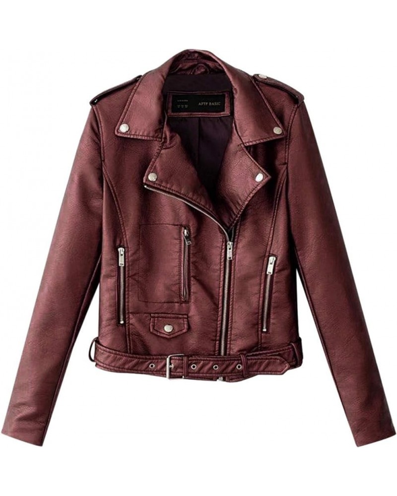 Women's Faux Leather Moto Biker Short Jacket Vintage Zip Up Pu Motorcycle Slim Fit Lightweight Cropped Coat Outerwear I-wine ...