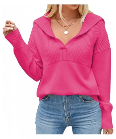 Womens 2023 Long Sleeve V Neck Pullover Sweaters Foldover Collared Casual Knit Soft Jumper Tops Pink $14.74 Sweaters