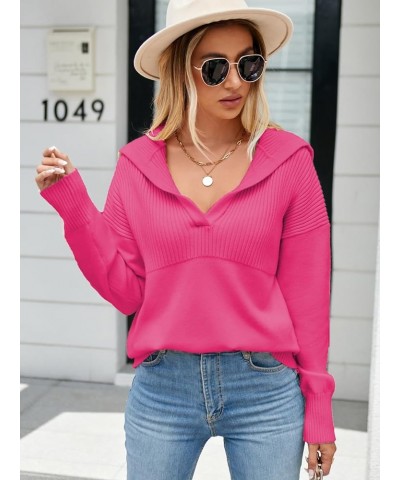 Womens 2023 Long Sleeve V Neck Pullover Sweaters Foldover Collared Casual Knit Soft Jumper Tops Pink $14.74 Sweaters