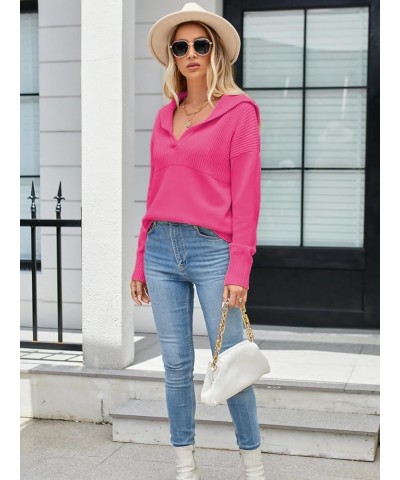 Womens 2023 Long Sleeve V Neck Pullover Sweaters Foldover Collared Casual Knit Soft Jumper Tops Pink $14.74 Sweaters