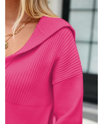 Womens 2023 Long Sleeve V Neck Pullover Sweaters Foldover Collared Casual Knit Soft Jumper Tops Pink $14.74 Sweaters