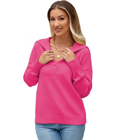 Womens 2023 Long Sleeve V Neck Pullover Sweaters Foldover Collared Casual Knit Soft Jumper Tops Pink $14.74 Sweaters