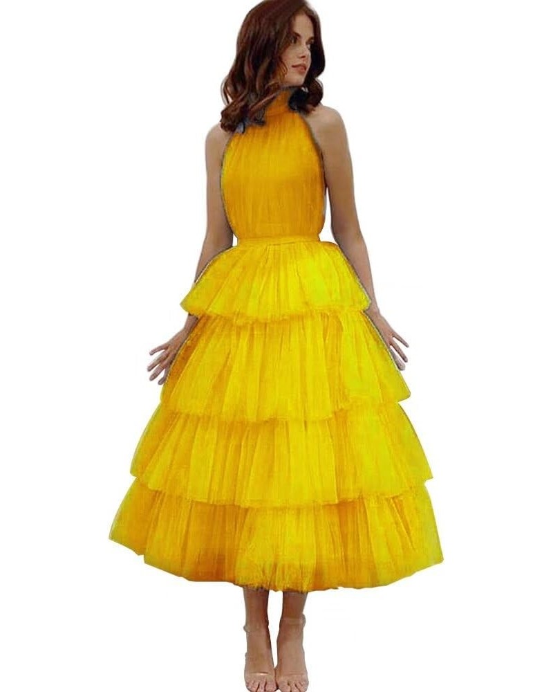 Women‘s Tiered Tulle Prom Dresses Halter Homecoming Dress Evening Party Gowns Gold $33.18 Dresses