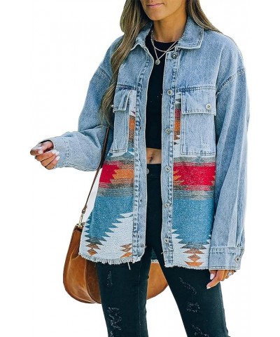 Women's Vintage Aztec Print Pattern Loose Shacket Button Down Long Sleeve Woolen Jacket Shirts Coat A-blue $14.99 Jackets