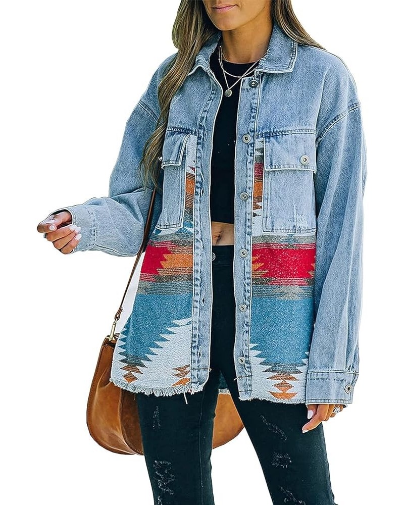 Women's Vintage Aztec Print Pattern Loose Shacket Button Down Long Sleeve Woolen Jacket Shirts Coat A-blue $14.99 Jackets