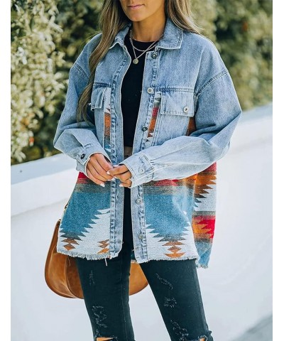 Women's Vintage Aztec Print Pattern Loose Shacket Button Down Long Sleeve Woolen Jacket Shirts Coat A-blue $14.99 Jackets