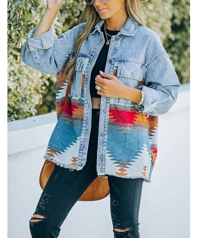 Women's Vintage Aztec Print Pattern Loose Shacket Button Down Long Sleeve Woolen Jacket Shirts Coat A-blue $14.99 Jackets