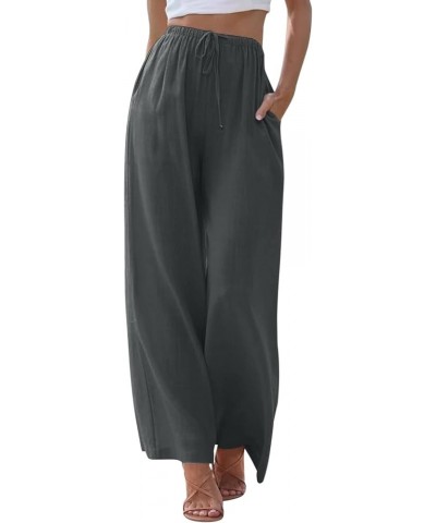 Linen Palazzo Pants for Women Comfy Drawstring High Waisted Wide Leg Trousers Summer Flowy Beach Pants with Pockets B-dark Gr...