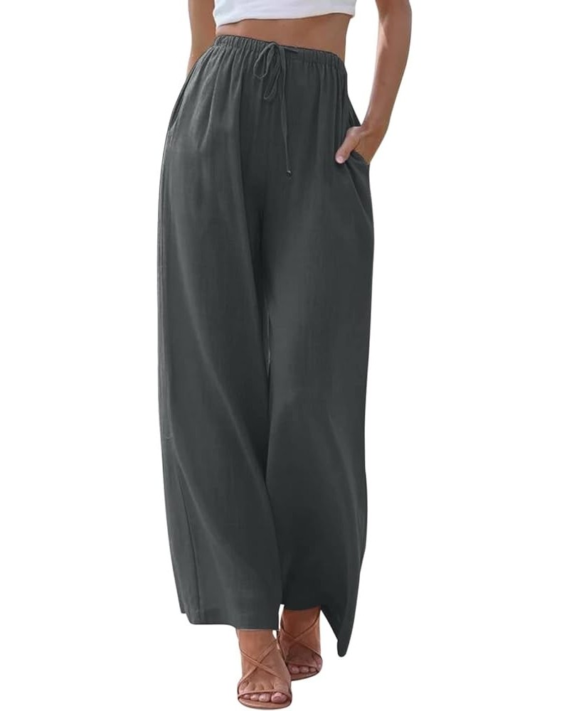 Linen Palazzo Pants for Women Comfy Drawstring High Waisted Wide Leg Trousers Summer Flowy Beach Pants with Pockets B-dark Gr...