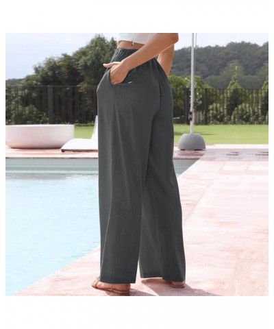 Linen Palazzo Pants for Women Comfy Drawstring High Waisted Wide Leg Trousers Summer Flowy Beach Pants with Pockets B-dark Gr...