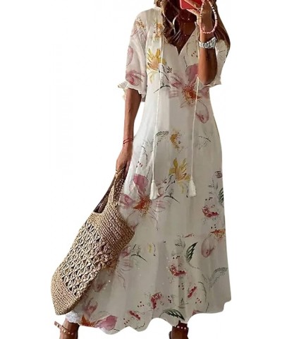 Women's Boho Floral Printed V Neck Ruffle Half Sleeve Tiered Maxi Dress Summer Casual Long Beach Dress White-2 $16.63 Dresses