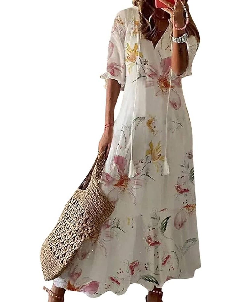 Women's Boho Floral Printed V Neck Ruffle Half Sleeve Tiered Maxi Dress Summer Casual Long Beach Dress White-2 $16.63 Dresses