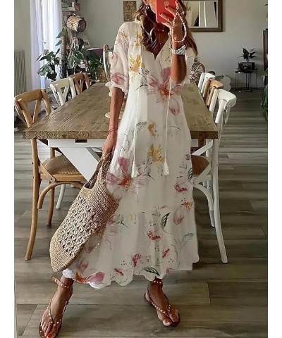 Women's Boho Floral Printed V Neck Ruffle Half Sleeve Tiered Maxi Dress Summer Casual Long Beach Dress White-2 $16.63 Dresses