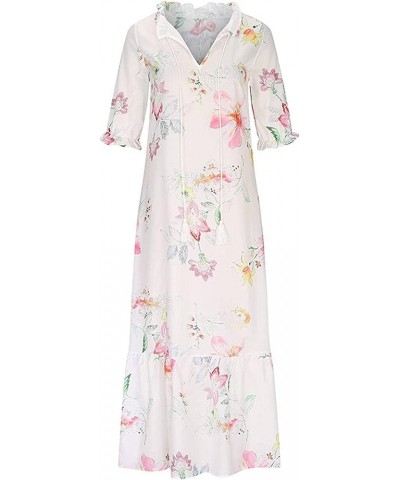 Women's Boho Floral Printed V Neck Ruffle Half Sleeve Tiered Maxi Dress Summer Casual Long Beach Dress White-2 $16.63 Dresses