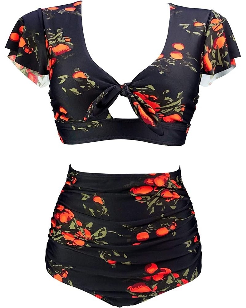 Women's Retro Ruched Ruffle High Waist Two Piece Bikini Set Tie Knot Front Top Sport Bath Swimsuit Black Tangerine $17.67 Swi...