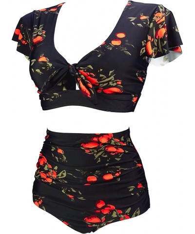 Women's Retro Ruched Ruffle High Waist Two Piece Bikini Set Tie Knot Front Top Sport Bath Swimsuit Black Tangerine $17.67 Swi...