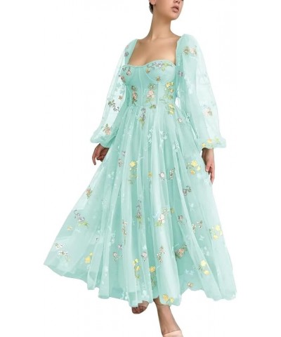 Women's Puffy Prom Dresses Long Sleeve Flowers Embroidery Tulle Tea Length Formal Evening Party Gown Sweetheart-light Green $...