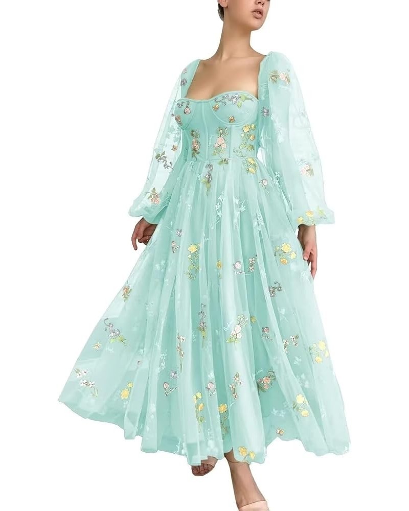 Women's Puffy Prom Dresses Long Sleeve Flowers Embroidery Tulle Tea Length Formal Evening Party Gown Sweetheart-light Green $...