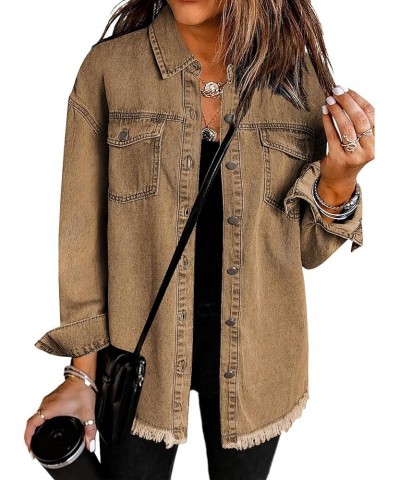 Jean Jackets for Women Ripped Fringe Denim Jean Jacket Casual Long Sleeve Pockets Jackets Coat Brown $23.00 Jackets