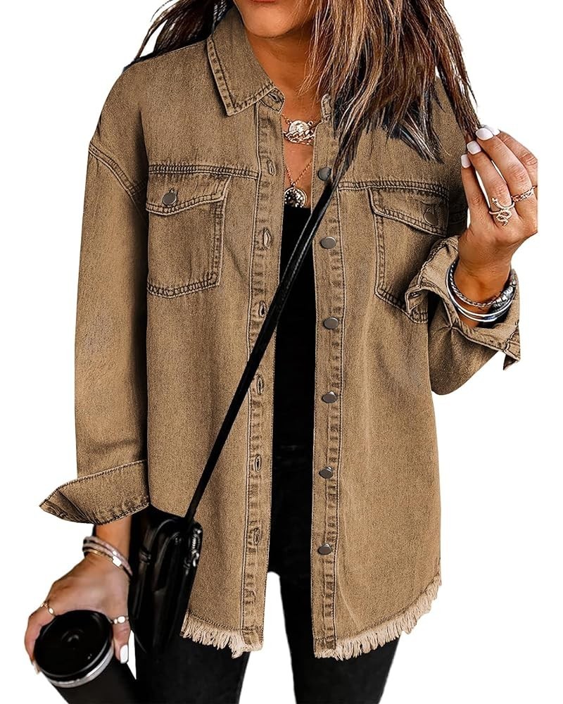 Jean Jackets for Women Ripped Fringe Denim Jean Jacket Casual Long Sleeve Pockets Jackets Coat Brown $23.00 Jackets