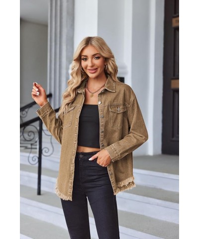 Jean Jackets for Women Ripped Fringe Denim Jean Jacket Casual Long Sleeve Pockets Jackets Coat Brown $23.00 Jackets