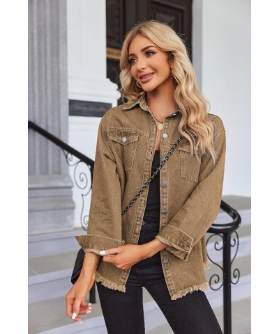 Jean Jackets for Women Ripped Fringe Denim Jean Jacket Casual Long Sleeve Pockets Jackets Coat Brown $23.00 Jackets