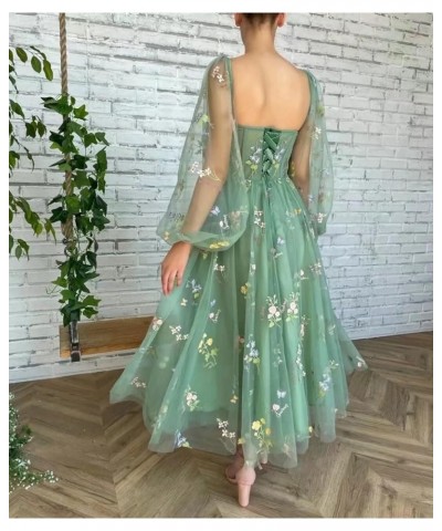 Women's Puffy Prom Dresses Long Sleeve Flowers Embroidery Tulle Tea Length Formal Evening Party Gown Sweetheart-light Green $...