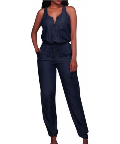 Women's Jumpsuits Casual Off Shoulder Denim Jeans Pocket Sleeveless Jumpsuits Rompers Casual Navy $12.82 Overalls