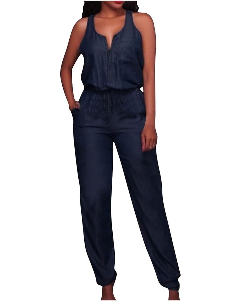 Women's Jumpsuits Casual Off Shoulder Denim Jeans Pocket Sleeveless Jumpsuits Rompers Casual Navy $12.82 Overalls