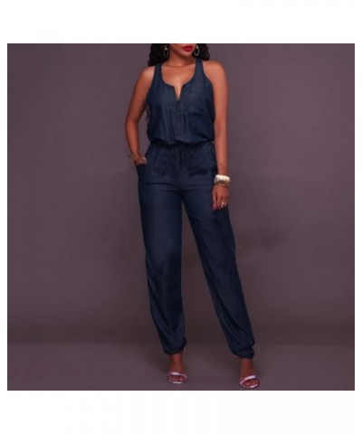 Women's Jumpsuits Casual Off Shoulder Denim Jeans Pocket Sleeveless Jumpsuits Rompers Casual Navy $12.82 Overalls