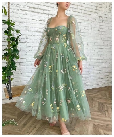 Women's Puffy Prom Dresses Long Sleeve Flowers Embroidery Tulle Tea Length Formal Evening Party Gown Sweetheart-light Green $...