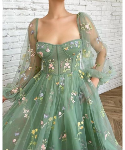 Women's Puffy Prom Dresses Long Sleeve Flowers Embroidery Tulle Tea Length Formal Evening Party Gown Sweetheart-light Green $...