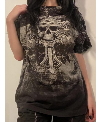 Women Y2k Grunge Graphic T Shirt EGirl Punk Gothic Vintage Harajuku Tee Shirt Short Sleeve Skull Print Top Streetwear A Dark ...