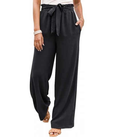 Fall Linen Pants for Women 2024 High Waist Beach Pants Drawstring Elastic Waist Wide Leg Trousers with Pockets 10black $8.67 ...