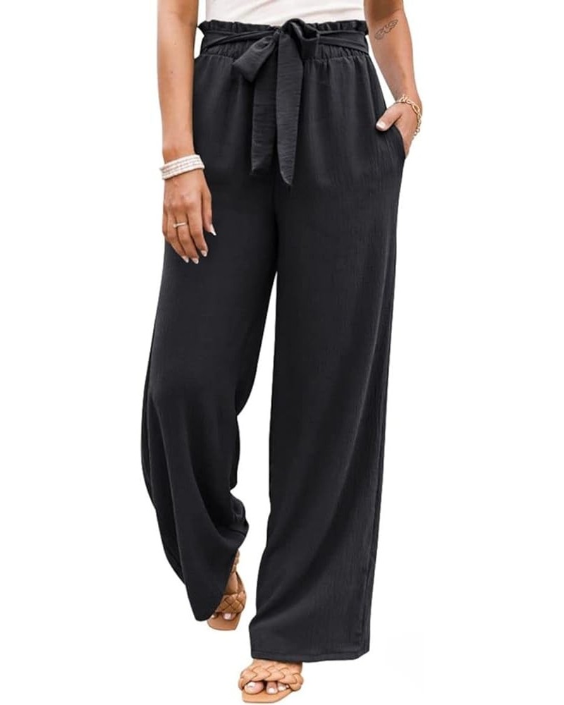 Fall Linen Pants for Women 2024 High Waist Beach Pants Drawstring Elastic Waist Wide Leg Trousers with Pockets 10black $8.67 ...