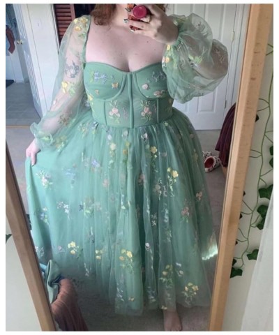 Women's Puffy Prom Dresses Long Sleeve Flowers Embroidery Tulle Tea Length Formal Evening Party Gown Sweetheart-light Green $...